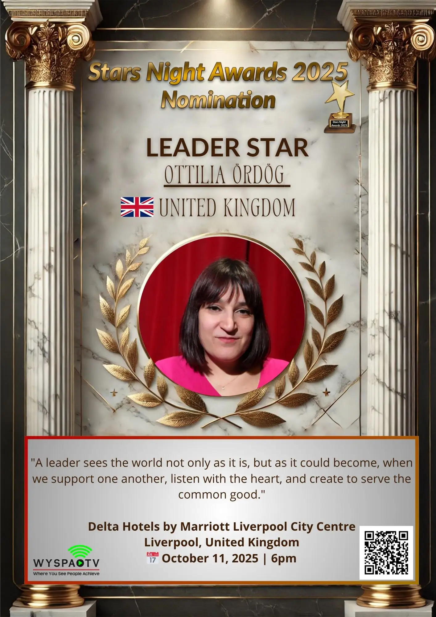 Ottilia Ördög – Nominated in the LEADER STAR category for the Stars Night Awards 2025 | Manchester, UK